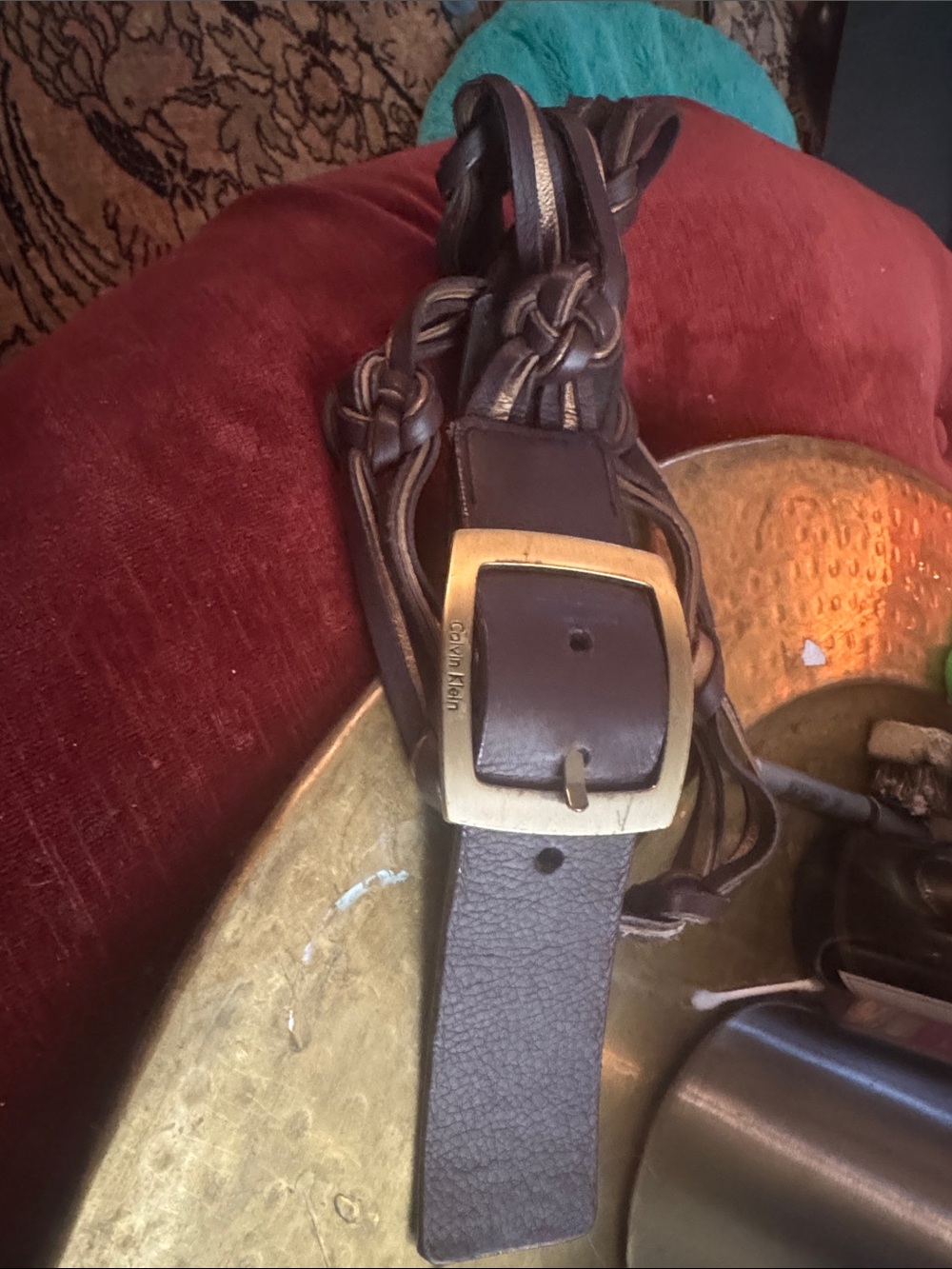 Calvin Klein Brown Braided Leather Belt with Brass-Tone Buckle
